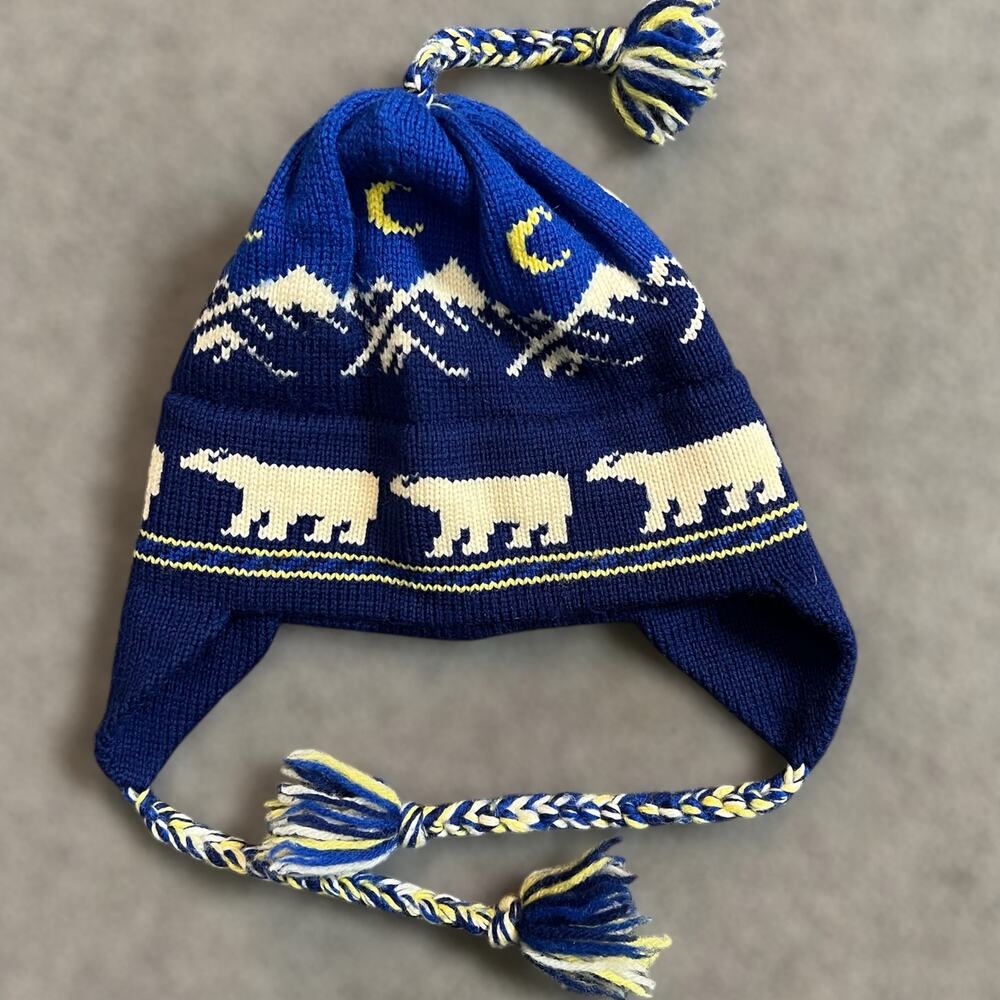Vtg Mountain Ladies & Ewe Wool Hat w Ear Flaps OS Polar Bear Tasseled 90s Skiing